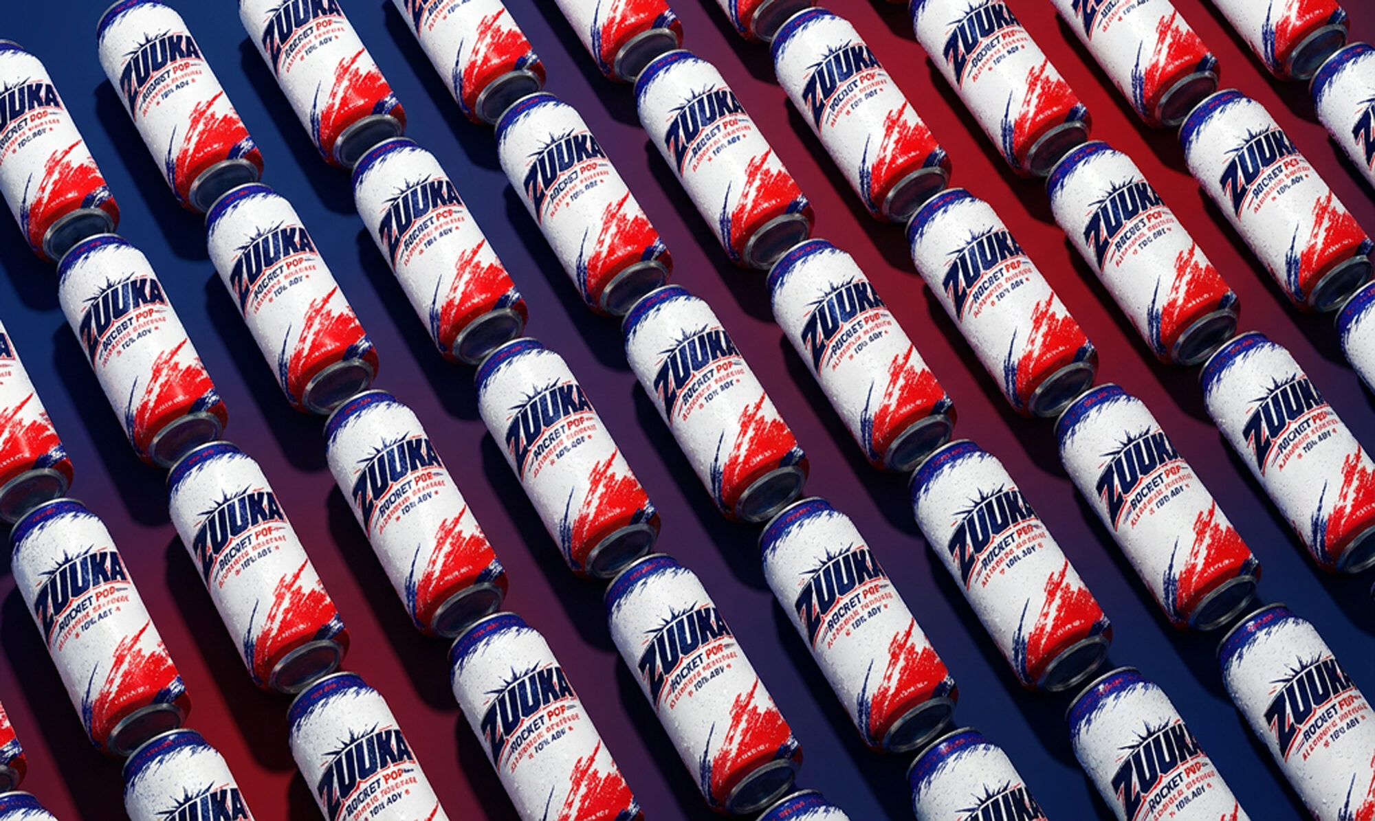 Rows of ZUUKA cans on a red and navy background