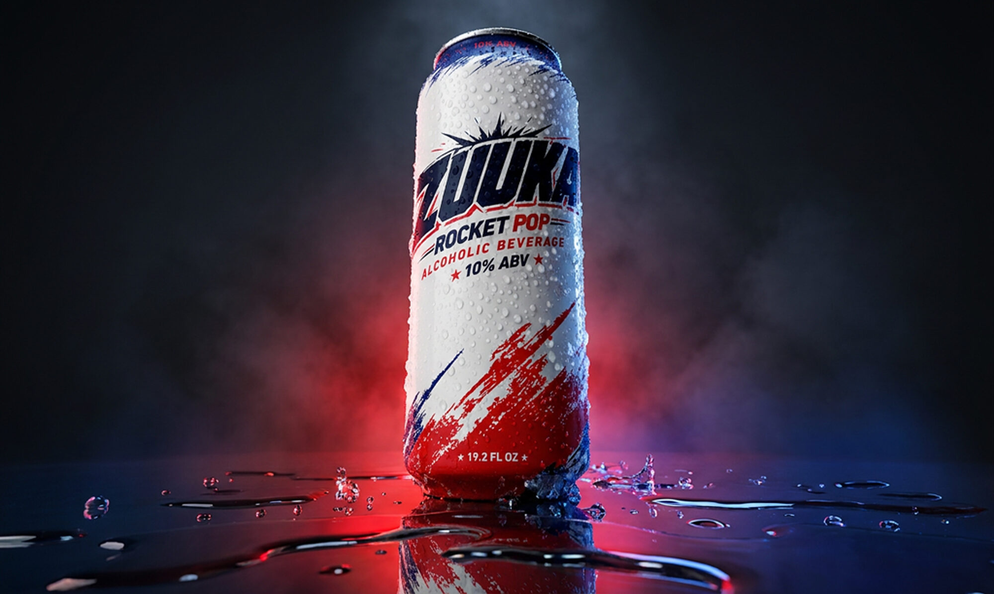 ZUUKA Rocket Pop can in dramatic red and blue light