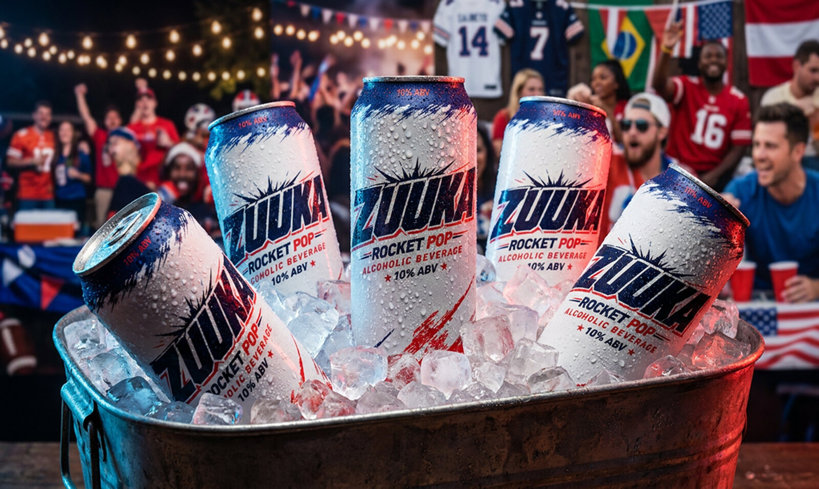 Friends celebrating at a tailgate with ZUUKA cans on ice