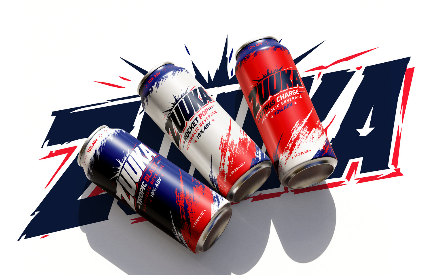 A burst of ZUUKA cans around the explosive wordmark